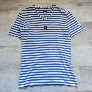 Vtg Armani Jeans Men's Striped V Neck Tee L Navy White Anchor Crest Sailor